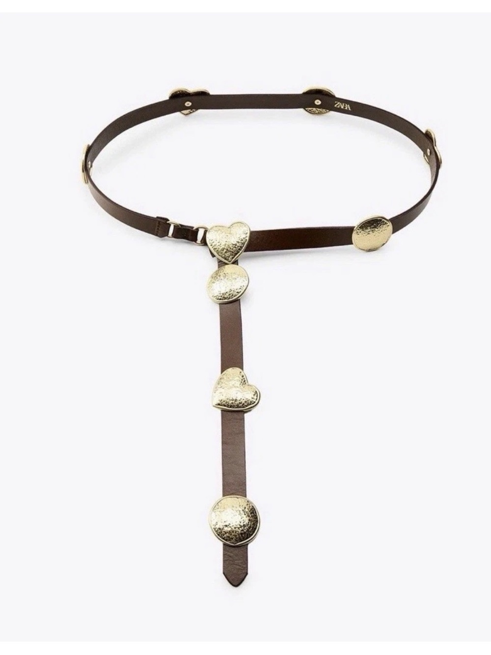 ZARA Hammered Gold Heart Drop Belt Brown Leather Size 85 Statement Design NWOT M - Picture 4 of 15